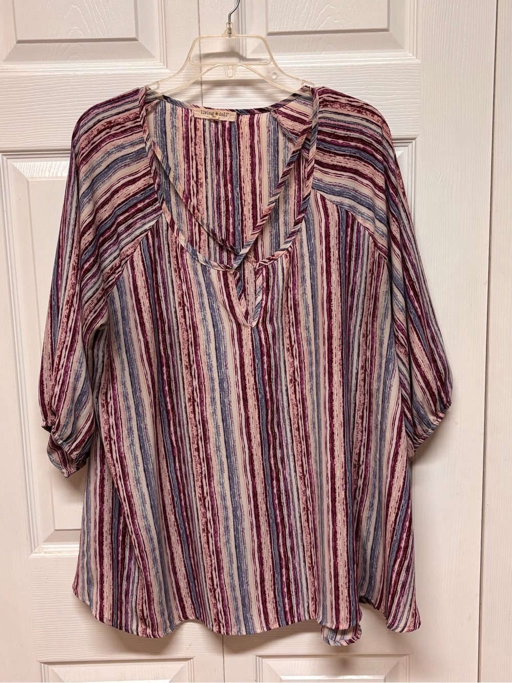 living doll Striped V-Neck Tunic in Burgundy, Blue, and Cream